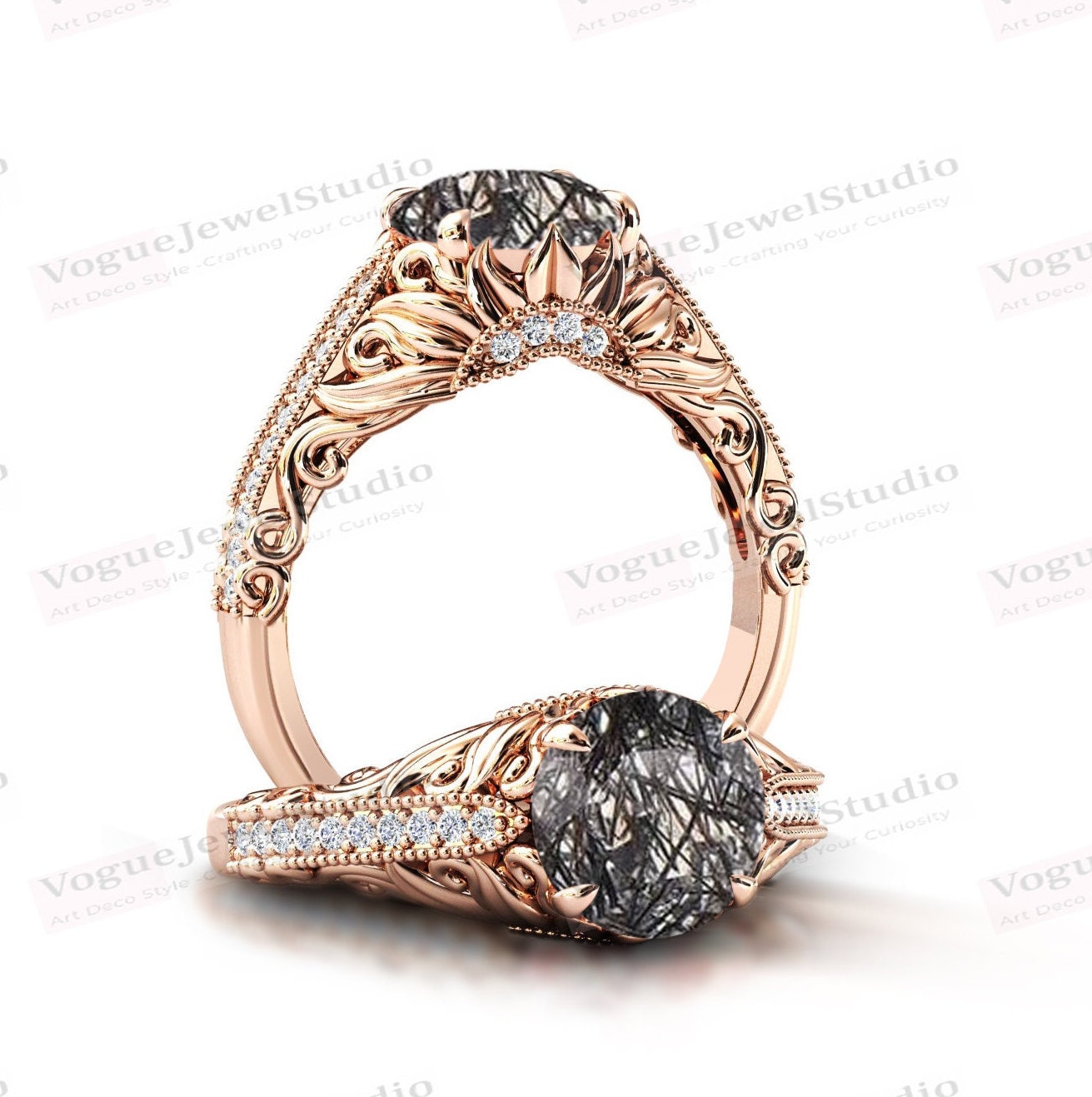 Schwarzer Rutilquarz Verlobungsring Sterling Silber Blatt Ehering Unikat Rutil Brautring Antik Jahrestag Ring von VogueJewelStudio