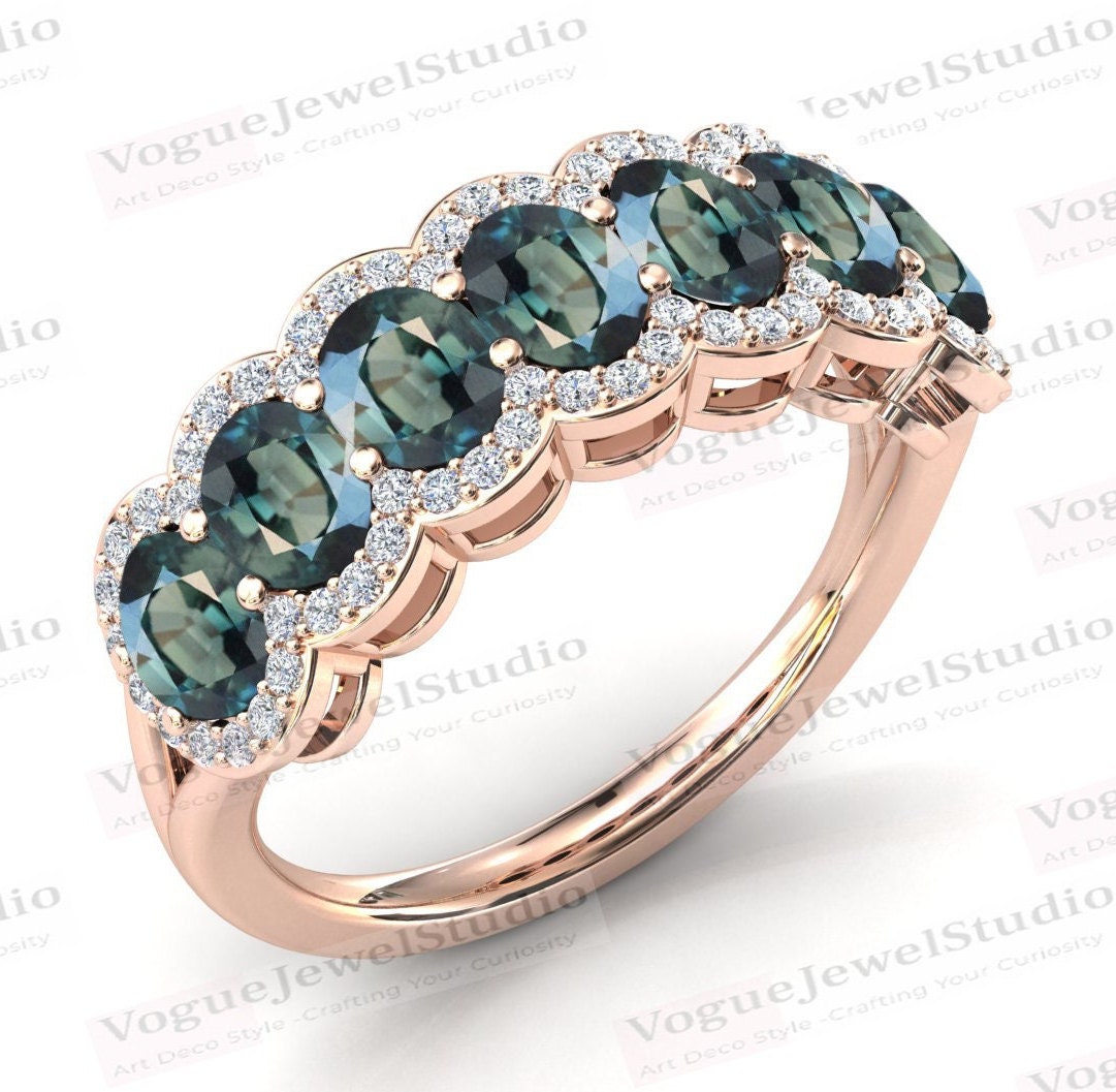 Teal Saphir Eternity Hochzeitsband Art Deco Farbwechsel Verlobungsring Grün Blau Frauen Hochzeit Jahrestag Band von VogueJewelStudio