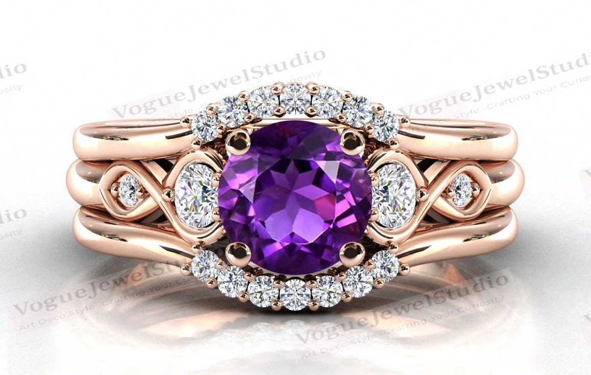 Unikat Amethyst Verlobungsring Set Rosegold 3 Stück Ehering Antik Vintage Art Deco Für Frauen von VogueJewelStudio