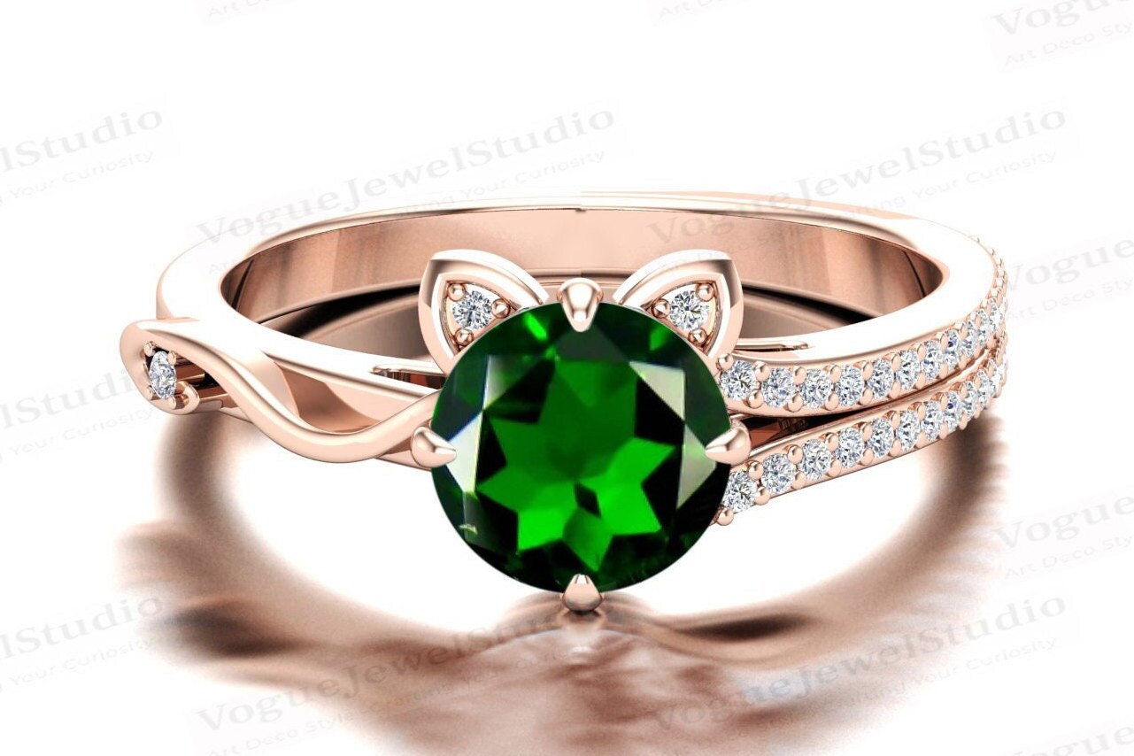 Verlobungsring Chrom Diopside Für Frauen Vintage Chrom Diopside Art Deco Ehering 14K Gold Braut von VogueJewelStudio