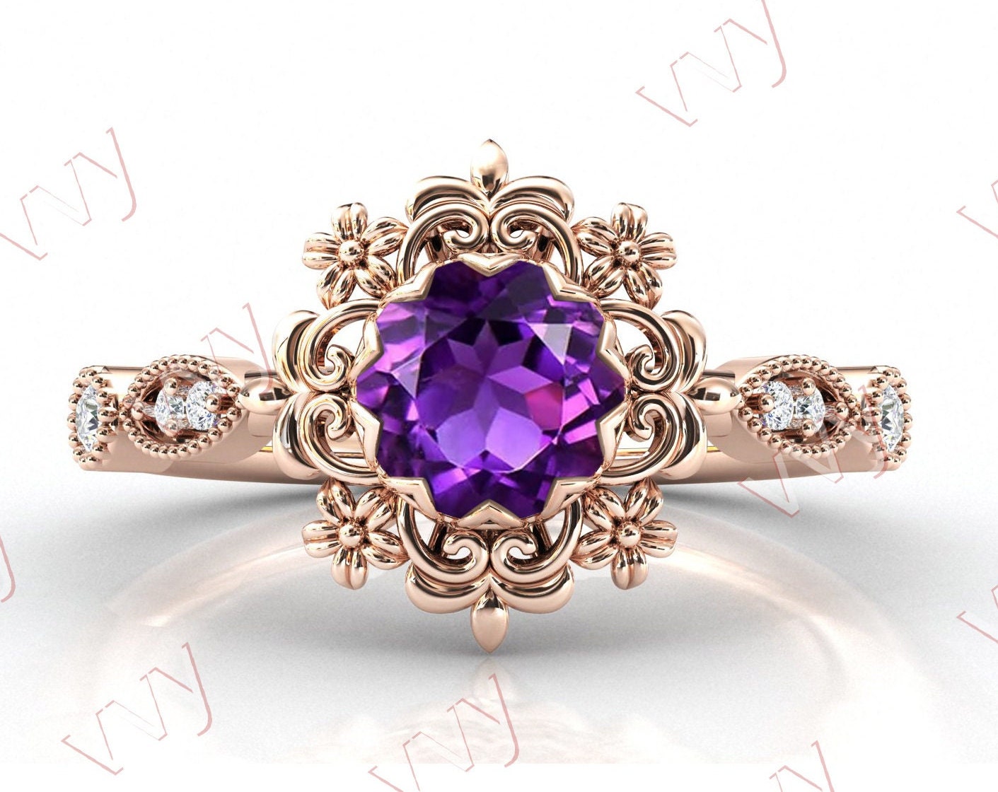 Vintage Amethyst Verlobungsring 14K Gold Floral Ehering Antik Filigran Stil Ring Art Deco Braut von VogueJewelStudio