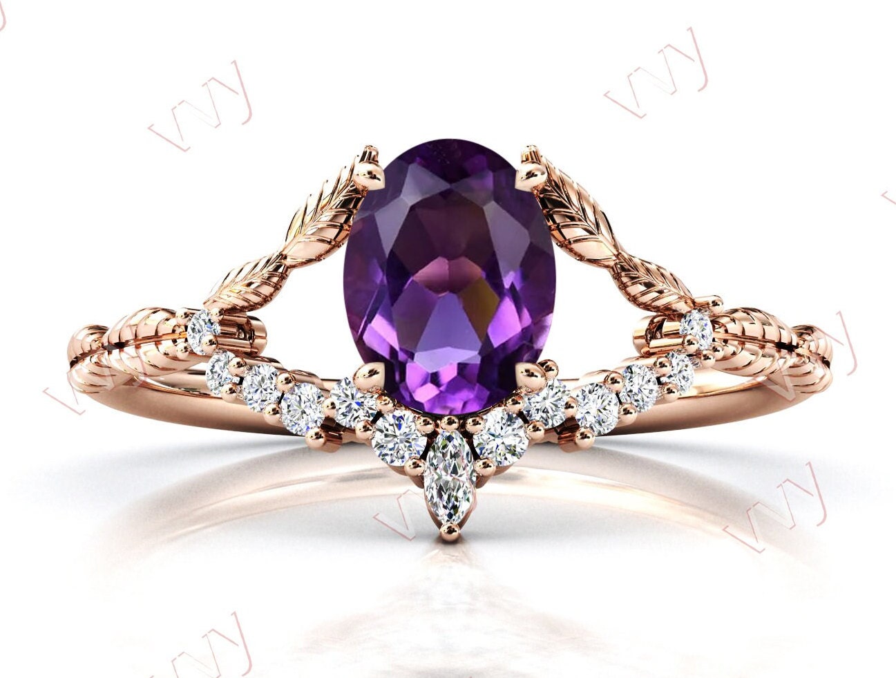 Vintage Amethyst Verlobungsring Für Frauen Antik Ehering Blatt 14K Roségold Braut Ring von VogueJewelStudio