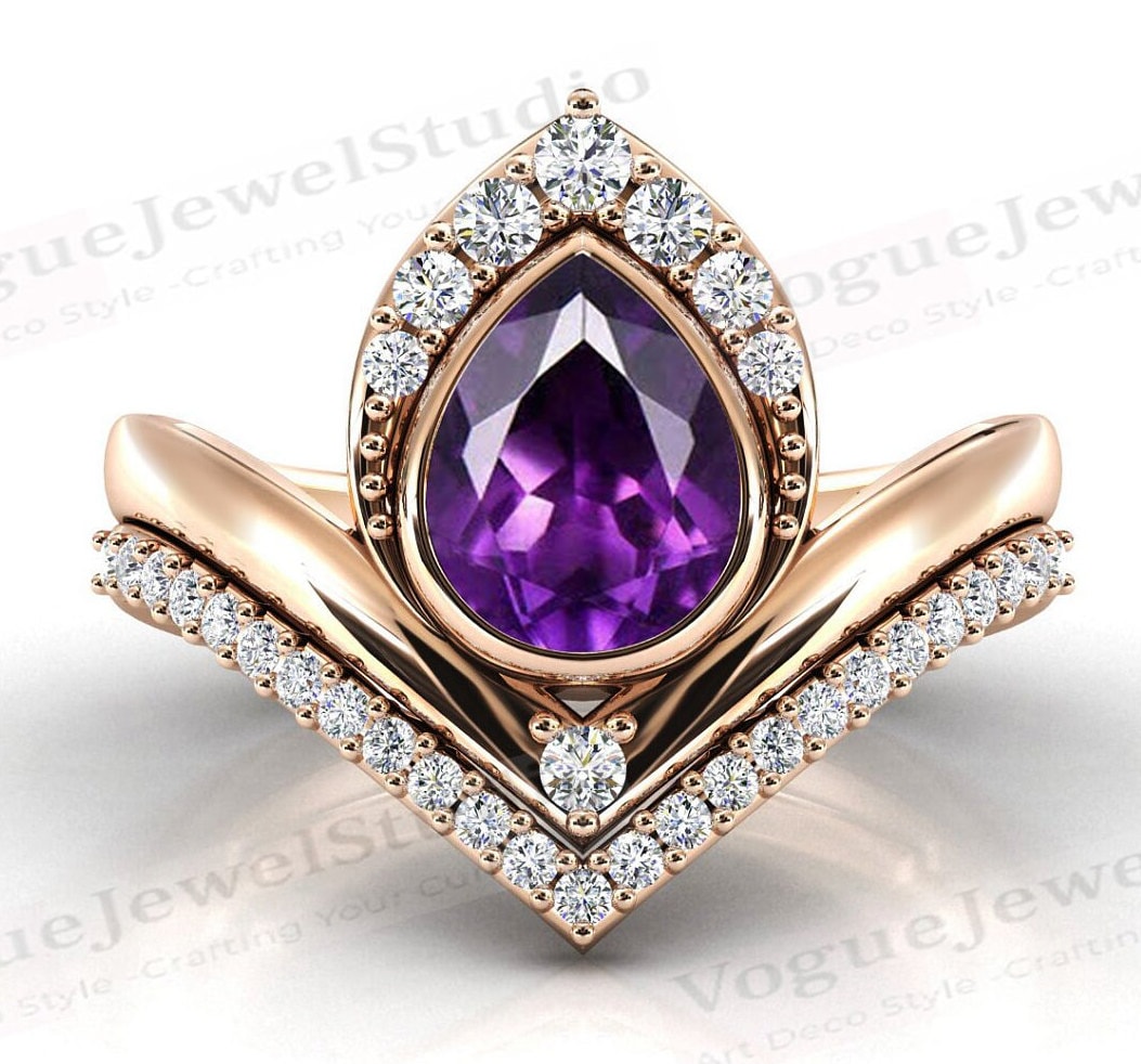 Vintage Amethyst Verlobungsring Set Pear Cut Ehering Art Deco Damen Jahrestag Ring 2 Stück Brautring von VogueJewelStudio