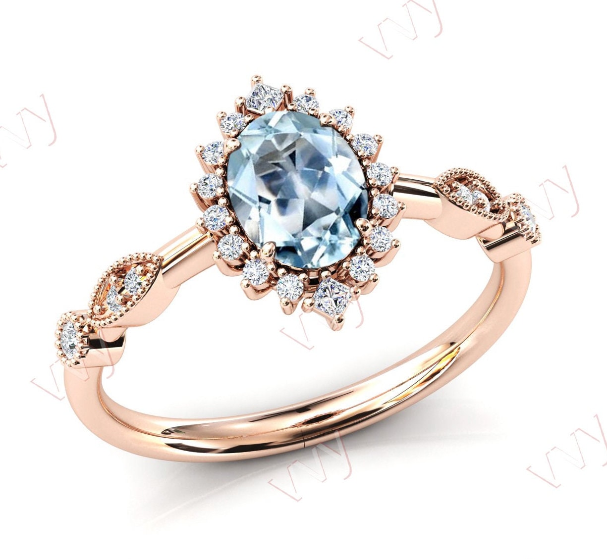 Vintage Aquamarin Verlobungsring Für Frauen Rosegold Art Deco Ehering Antik Braut Jahrestag Versprechen Ring von VogueJewelStudio