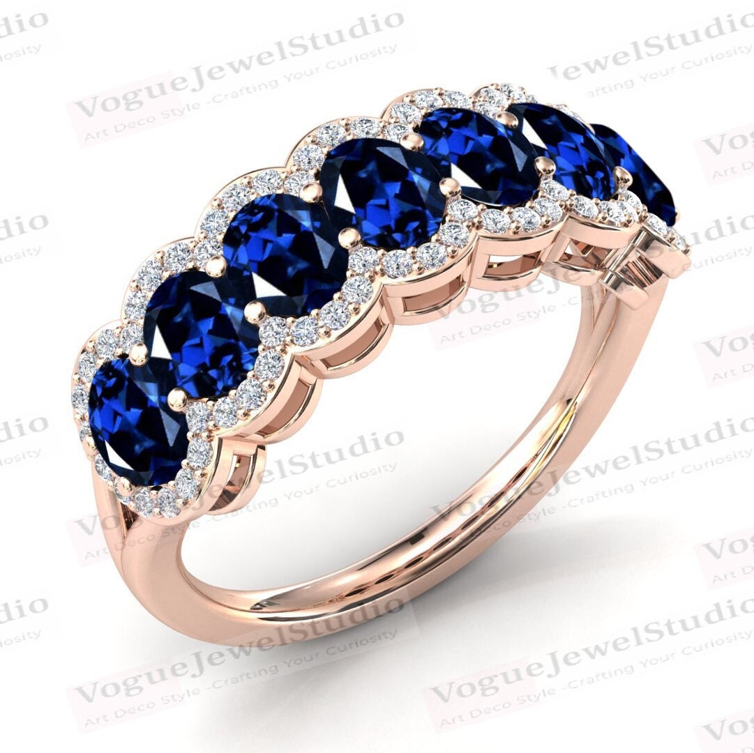 Vintage Blauer Saphir Eternity Band Für Frauen Antik Blau Verlobungsring Art Deco Braut Halb Ewigkeit Hochzeitsband von VogueJewelStudio