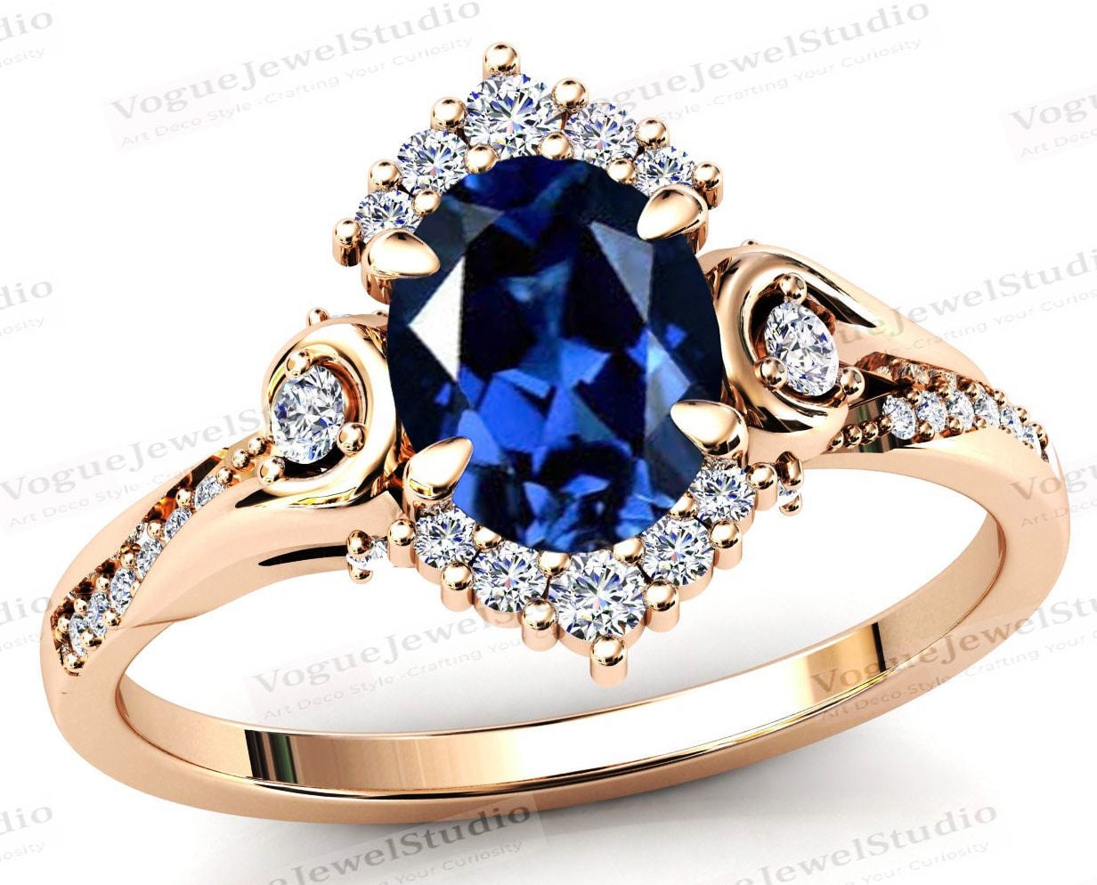 Vintage Blauer Saphir Verlobungsring Für Frauen Art Deco Ehering Blau Edelstein Unikat Jahrestag Ring Sie von VogueJewelStudio