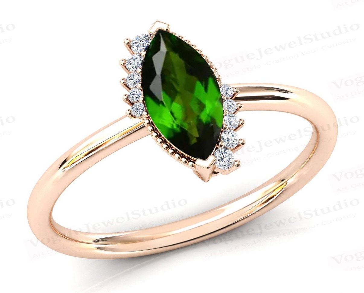 Vintage Chrom Diopside Verlobungsring Für Frauen Art Deco Ehering 14K Gold Braut Versprechen Ring Sie von VogueJewelStudio