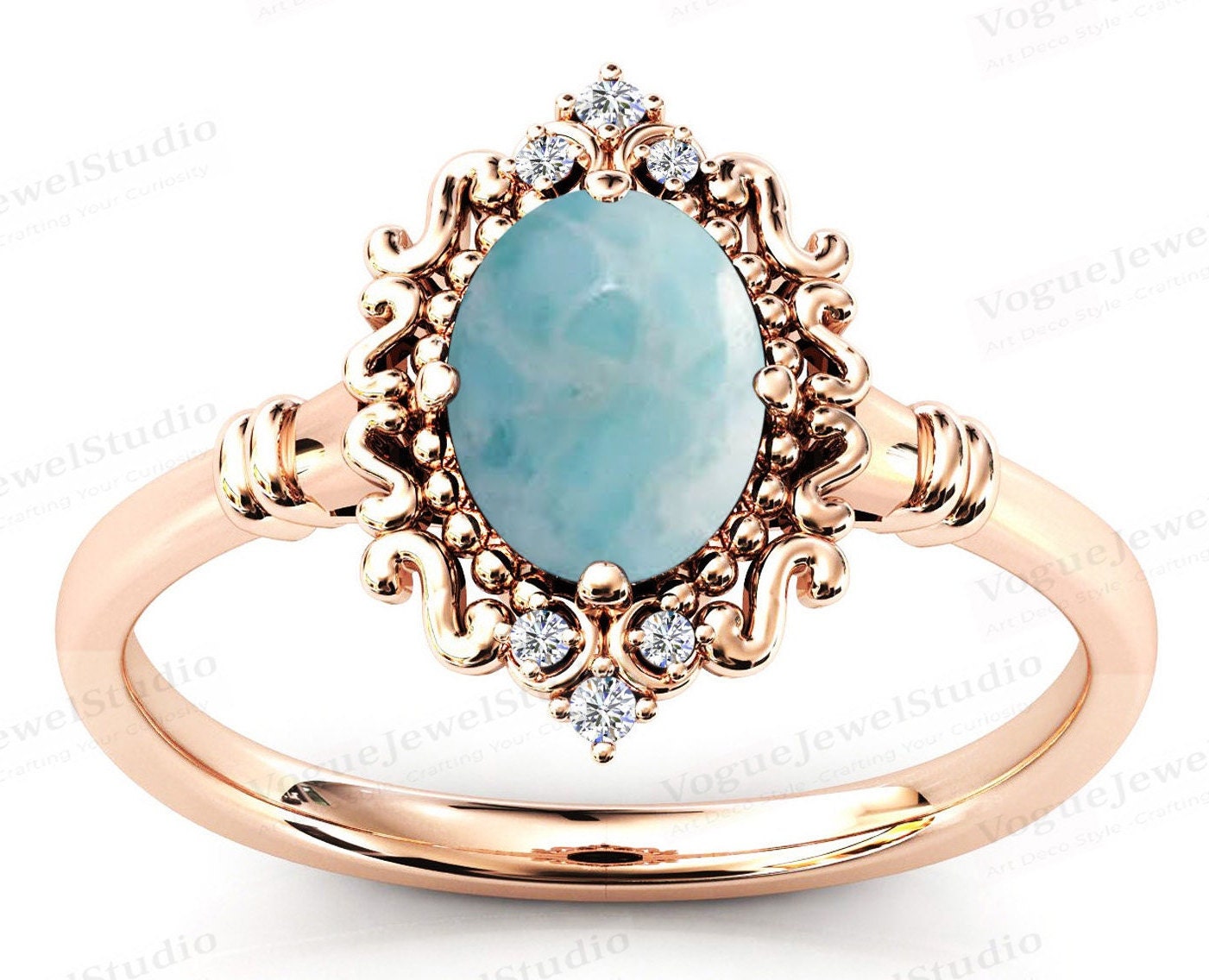 Vintage Larimar Verlobungsring Art Deco Filigran Ehering Für Frauen 14K Gold Antik von VogueJewelStudio