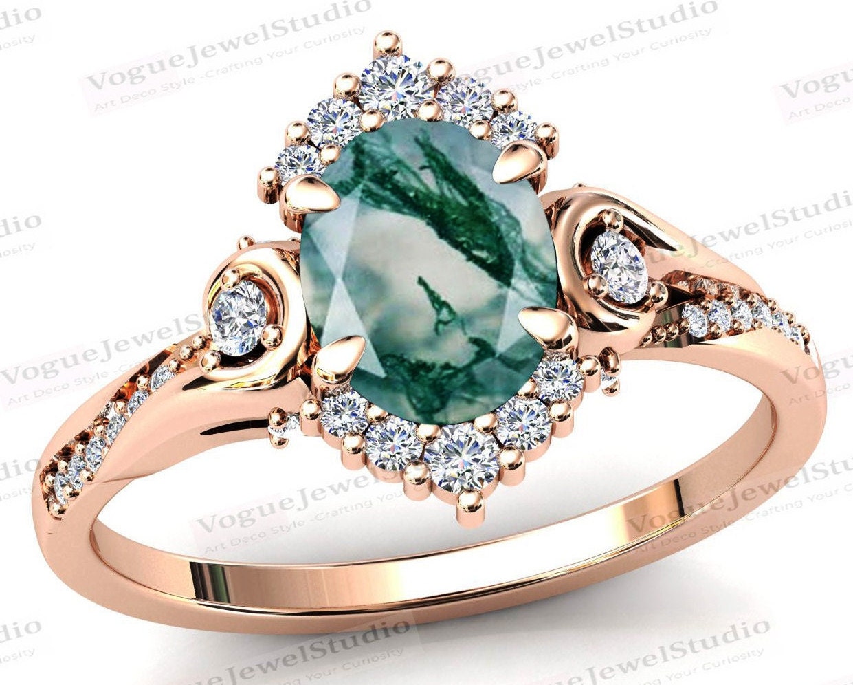 Vintage Moosachat Verlobungsring Für Frauen Grüner Art Deco Ehering 14K Gold Braut Jahrestag Ring Geschenk Sie von VogueJewelStudio