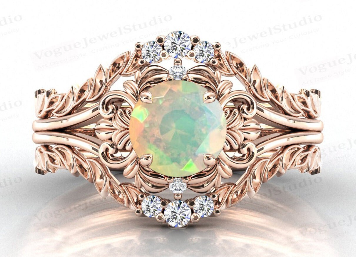 Vintage Opal Verlobungsring Set Antik Floral Ehering Für Frauen Jahrestag Ring Art Deco Braut Versprechen von VogueJewelStudio