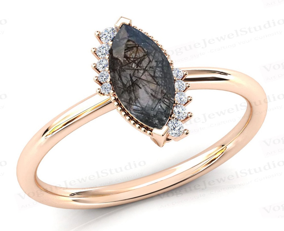 Vintage Schwarz Rutil Verlobungsring 14K Roségold Ehering Versprechen Jahrestag Geschenk Marquise Cut Black Rutile Brautring von VogueJewelStudio