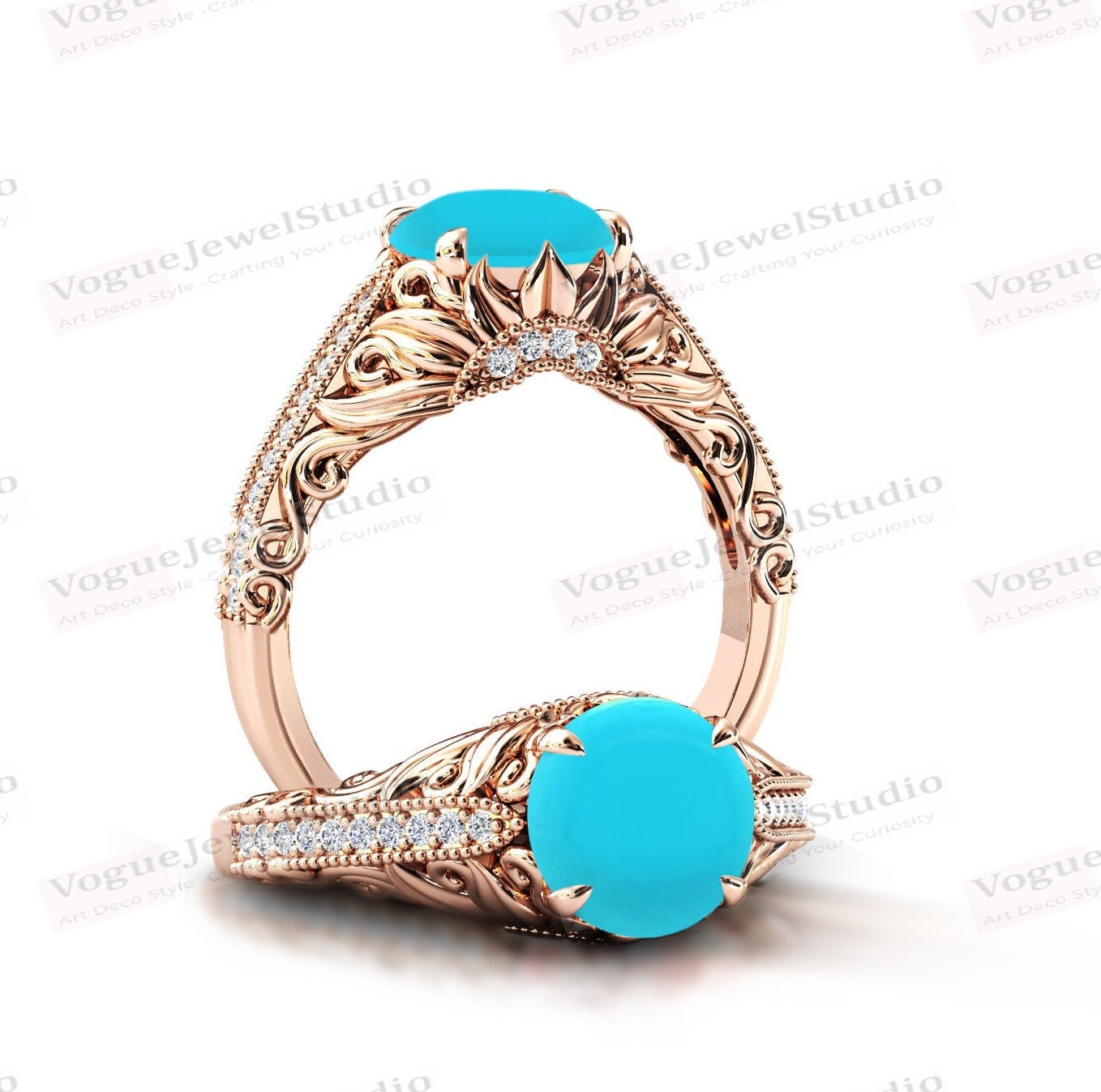 Vintage Türkis Verlobungsring Für Frauen Art Deco Blatt Ehering Rosegold Antik Brautring Jahrestag Geschenk von VogueJewelStudio