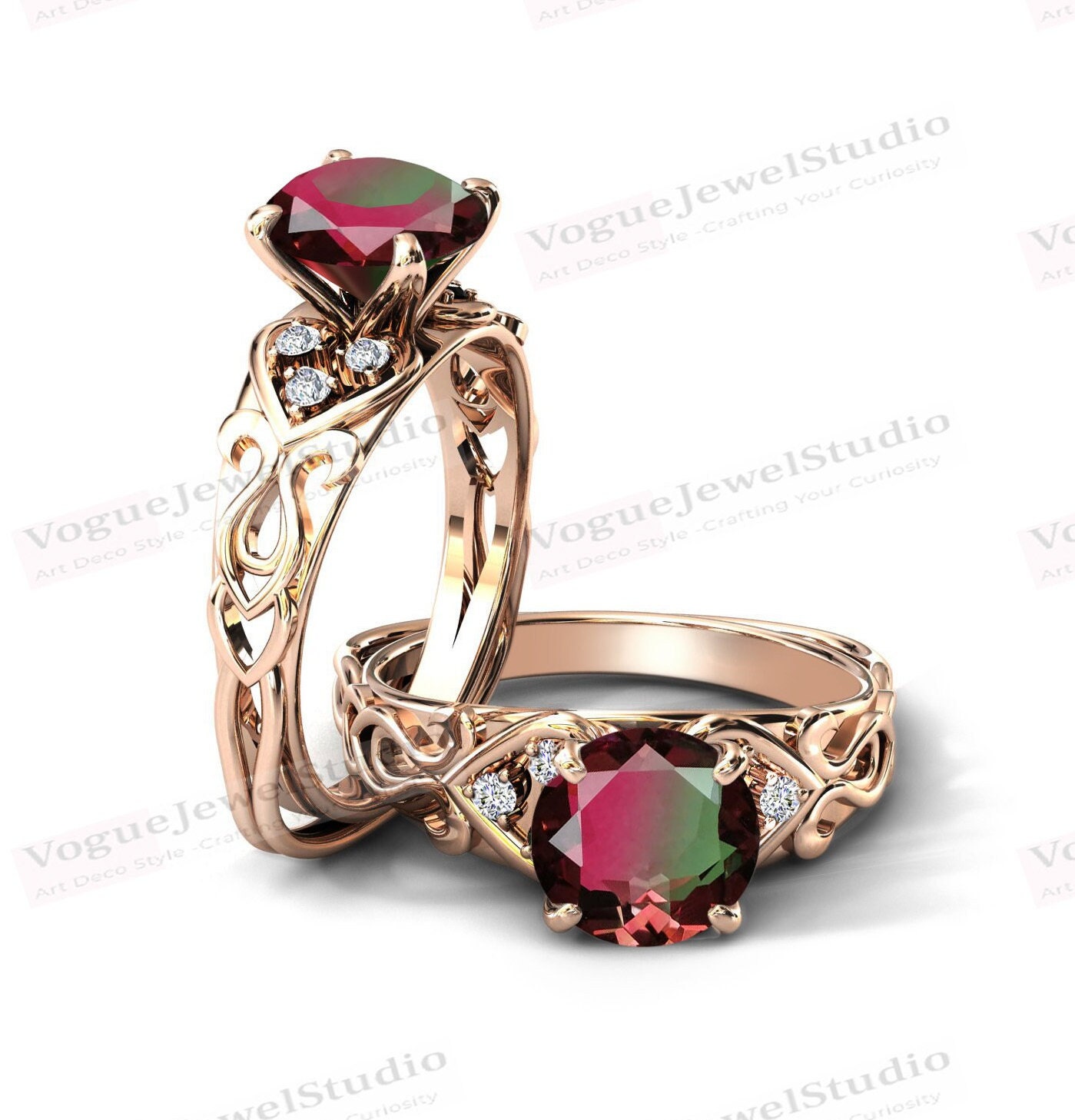 Wassermelonen Turmalin Verlobungsring Art Deco Multi Color Antik Hochzeit Jahrestag Ring Für Frauen Bio Farbe Edelstein von VogueJewelStudio