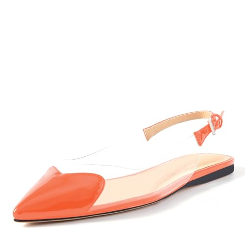 VogueVent Modische flache Schuhe mit spitzem Zehenbereich, Herz, transparent, PVC, Slingback, bequem, Slipper, Zehenkappe, klare Ballerinas, Arbeit, Hochzeitskleid, flache Schuhe für Frauen, Orange von VogueVent