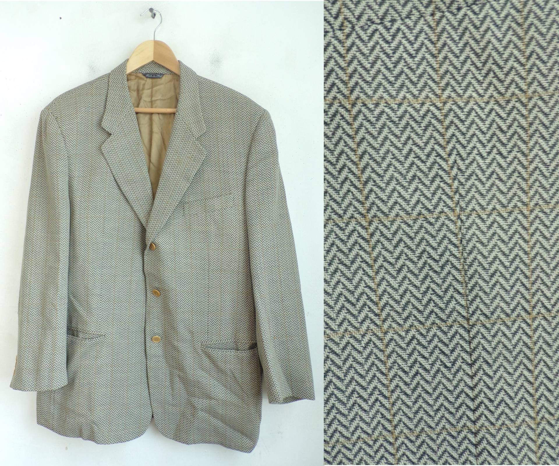 80Er Jahre Zick-Zack-Print-Blazer, Jahre, Beige-Brauner Herren-Sakko, Vintage-Sakko von VogueVibes