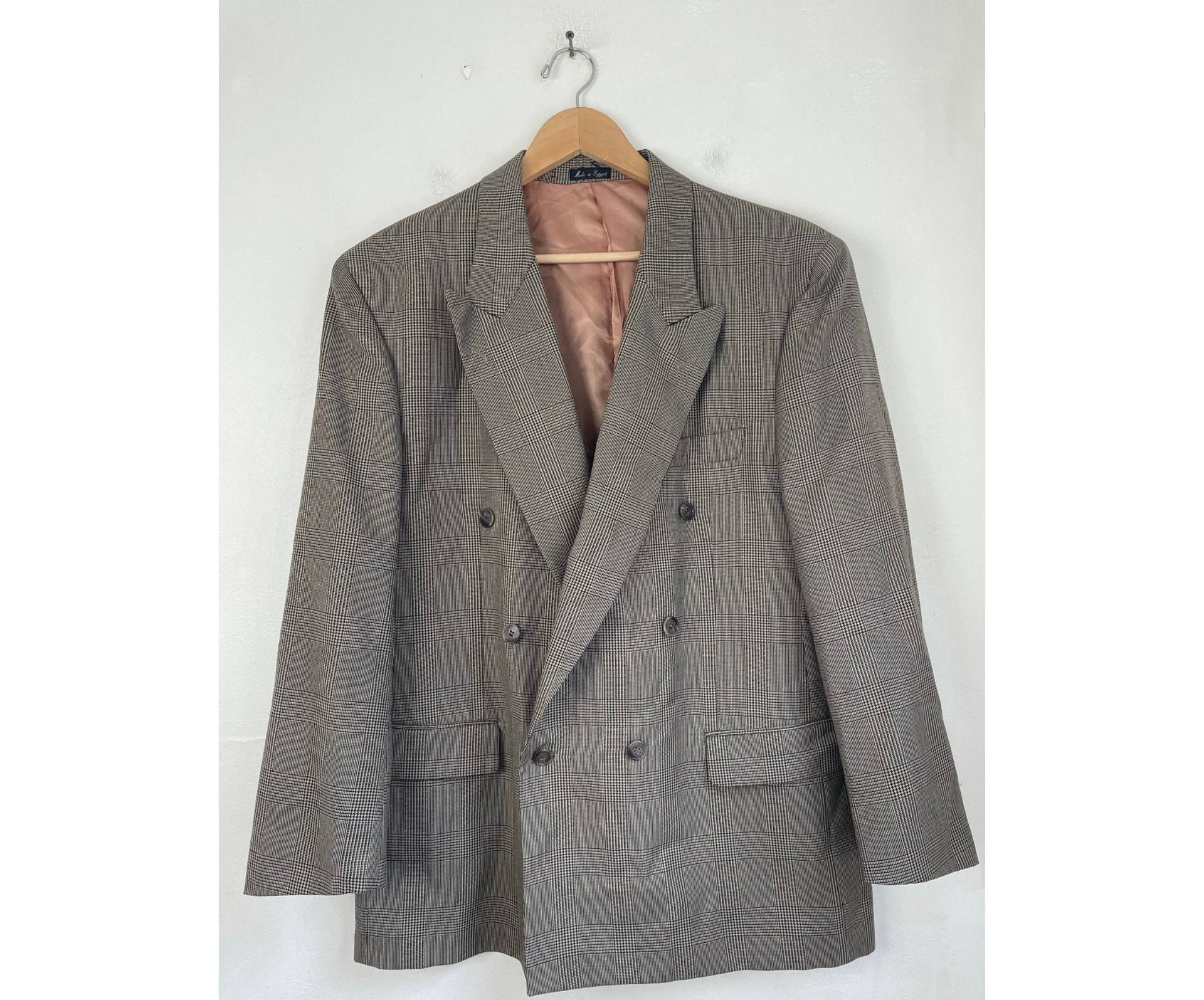 90Er Jahre Braun Schwarzer Hahnentritt Zweireiher Blazer Herren Größe 42R, Vintage Schwarzes Revers Jacke von VogueVibes