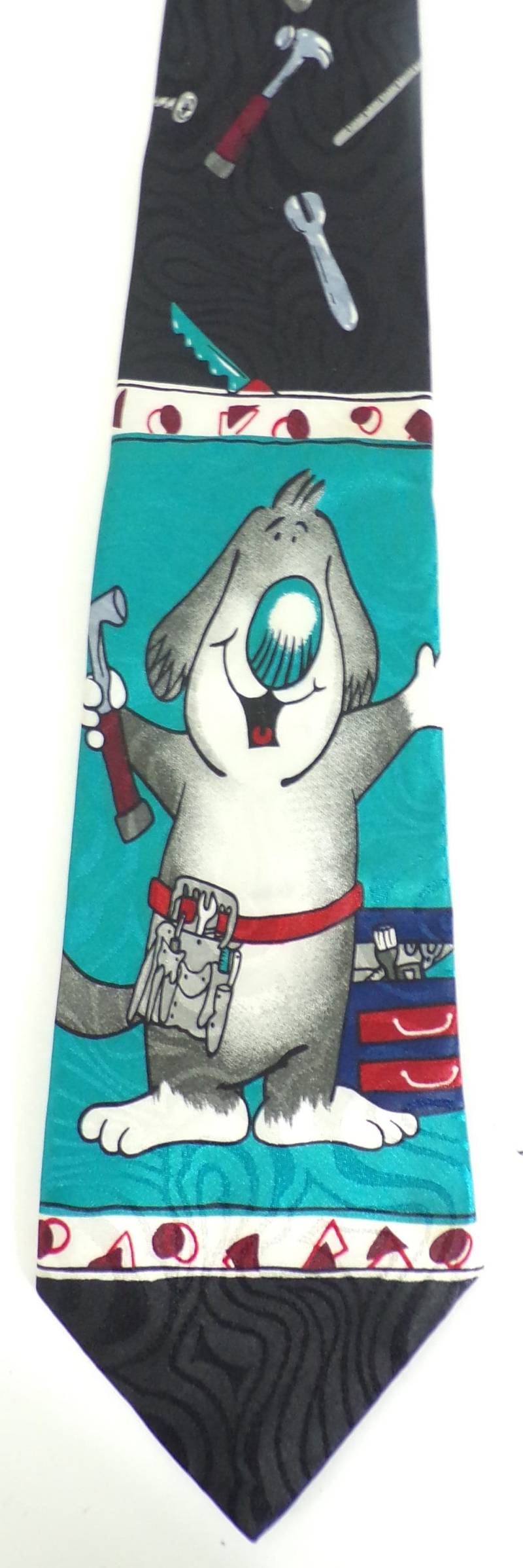 Vintage Mr Fix It Herren Krawatte, 1990Er Jahre Neuheit Konstruktion It, Cartoon Hammer Nägel Werkzeuge, Schwarz Türkis Retro Krawatte von VogueVibes