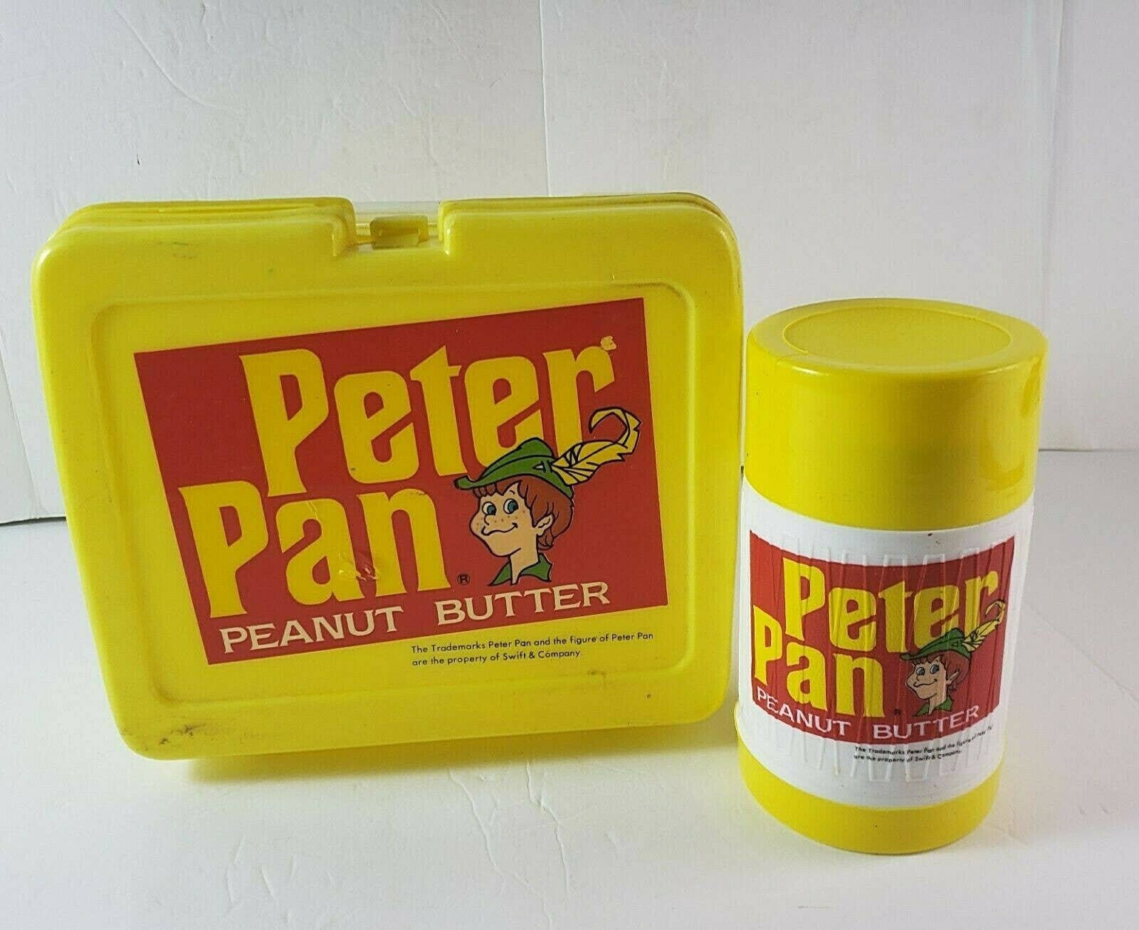 Vintage Peter Pan Erdnussbutter Gelb Plastik Brotdose Mit Thermoskanne Um 1980 von VogueVintageLLC