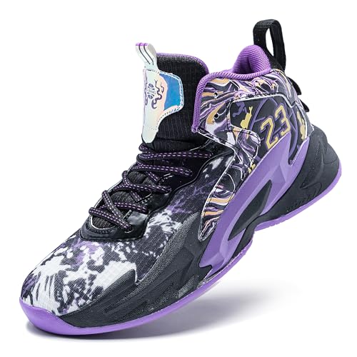Voguerra High-Top-Basketballschuhe for Herren mit atmungsaktiver Mesh-Dämpfung und Rutschfester Sohle Basketball-Fans(Black-Purple,44 EU) von Voguerra