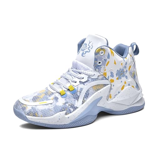 Voguerra High-Top-Basketballschuhe for Herren mit atmungsaktiver Mesh-Dämpfung und Rutschfester Sohle Basketball-Fans(White-Grey,45 EU) von Voguerra