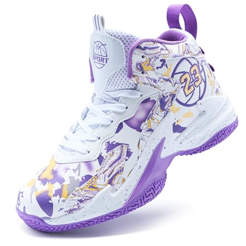Voguerra High-Top-Basketballschuhe for Herren mit atmungsaktiver Mesh-Dämpfung und Rutschfester Sohle Basketball-Fans(White-Purple-1,43 EU) von Voguerra