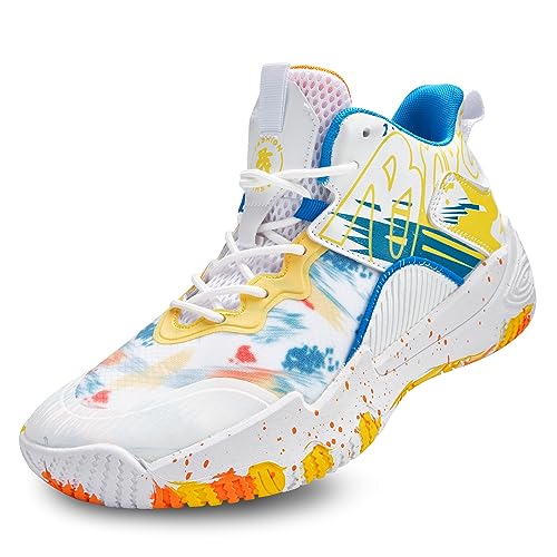 Voguerra High-Top-Basketballschuhe for Herren mit atmungsaktiver Mesh-Dämpfung und Rutschfester Sohle Basketball-Fans(White-Yellow,44 EU) von Voguerra