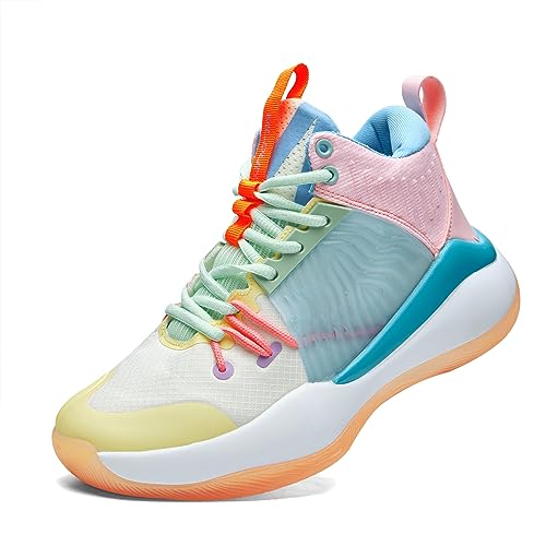 Voguerra High-Top-Basketballschuhe for Herren mit atmungsaktiver Mesh-Dämpfung und Rutschfester Sohle Basketball-Fans(Yellow-pink,43 EU) von Voguerra
