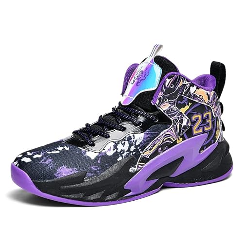 Voguerra High-Top-Basketballschuhe for Jungen, gepolsterte Sneakers mit atmungsaktiver Unterstützung for das Jugendsporttraining Basketball-Fans(Black Purple,44 EU) von Voguerra