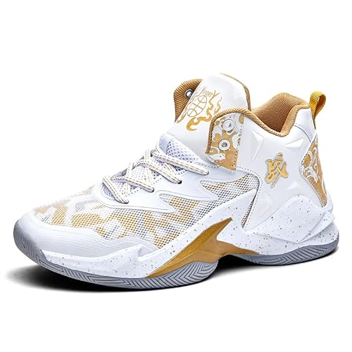 Voguerra High-Top-Basketballschuhe for Jungen, gepolsterte Sneakers mit atmungsaktiver Unterstützung for das Jugendsporttraining Basketball-Fans(White Gold,40 EU) von Voguerra