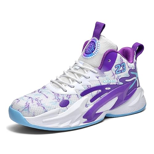Voguerra High-Top-Basketballschuhe for Jungen, gepolsterte Sneakers mit atmungsaktiver Unterstützung for das Jugendsporttraining Basketball-Fans(White Purple 03,43 EU) von Voguerra