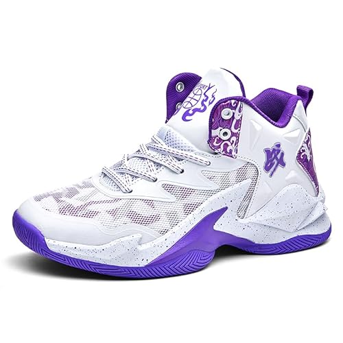 Voguerra High-Top-Basketballschuhe for Jungen, gepolsterte Sneakers mit atmungsaktiver Unterstützung for das Jugendsporttraining Basketball-Fans(White Purple 06,44 EU) von Voguerra