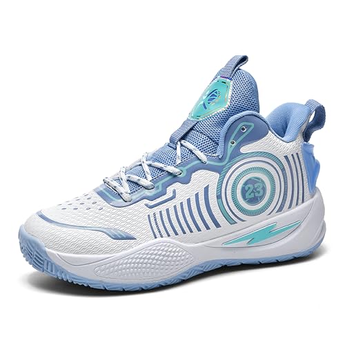 Voguerra Unisex Neutral Basketballschuhe High Top Anti Slip Nachtlicht Verschleißfeste Laufschuhe Sportschuhe Basketball-Fans(White-Blue,44 EU) von Voguerra