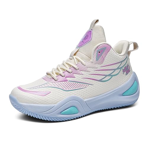 Voguerra Unisex Neutral Basketballschuhe High Top Anti Slip Nachtlicht Verschleißfeste Laufschuhe Sportschuhe Basketball-Fans(White-Purple,44 EU) von Voguerra
