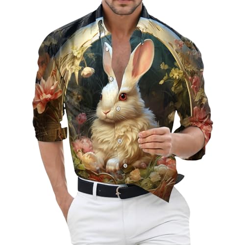 Vohiko Ostern Hemd Herren Langarm Ostereier Slim Fit Langarmhemd Stehkragen Hemden Bunte Shirt mit 3D Motiv Osterhasen Langarmshirt von Vohiko