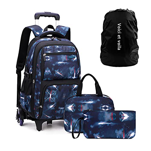 4 PCS Schulrucksack Jungen Teenager Trolley Kinder Schulranzen Jungen Wanderrucksack Schultasche Kinder Koffer Rucksack mit Rollen Mädchen Teenager Galaxy Dunkelblau 30 * 23 * 46cm von Voici et Voila