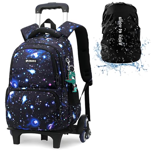 Voici et Voila 4pcs Trolley Tasche Kinder Mädchen Rucksack mit Rollen Teenager Schulrucksack Kinder Schultasche Rollen Mädchen Rolling Backpack Teens Schwarz Galexy 30x20x42CM von Voici et Voila