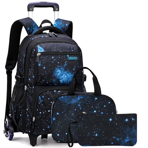 Voici et Voila 4 PCS Schulrucksack Jungen Teenager Trolley Kinder Schulranzen Jungen Wanderrucksack Schultasche Kinder Koffer Rucksack mit Rollen Mädchen Teenager Galaxy Dunkelblau 30 * 23 * 46cm von Voici et Voila