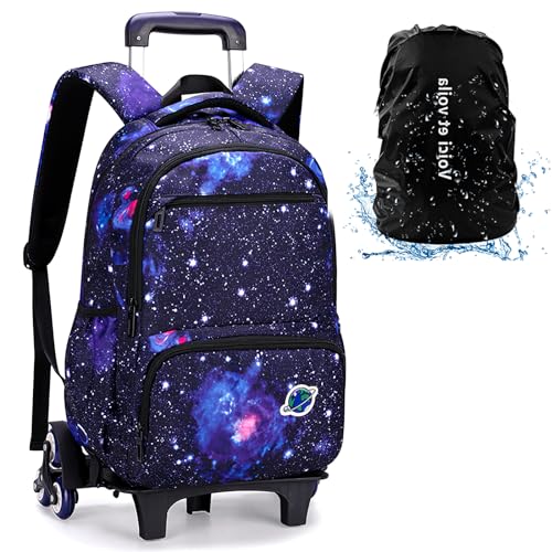 Kostenlose Regenhülle Trolley Tasche Schulrucksack Rucksack mit Rollen Schultasche Rollen Kinder Mädchen Junge Kinderrucksack Backpack Teens Galaxy Schwarz 30 * 14 * 45cm von Voici et Voila