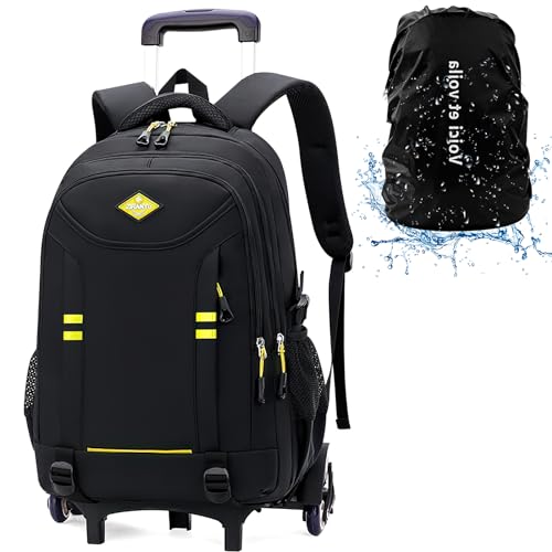 Voici et Voila Rucksack mit Rollen Jungen Mädchen Schulrucksack Trolley Kinder Schultasche mit Rollen Schulranzen Trolley Jungen Teens 6 Rollen Schwarz 34x20x48cm von Voici et Voila