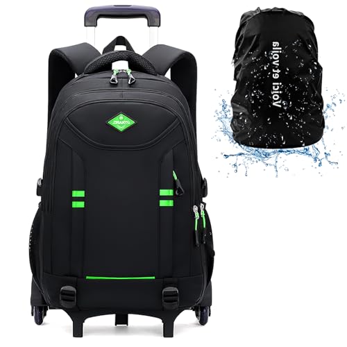 Rucksack mit Rollen Jungen Mädchen Schulrucksack Trolley Kinder Schultasche mit Rollen Schulranzen Trolley Jungen Teens 6 Rollen Schwarz 34x20x48cm von Voici et Voila