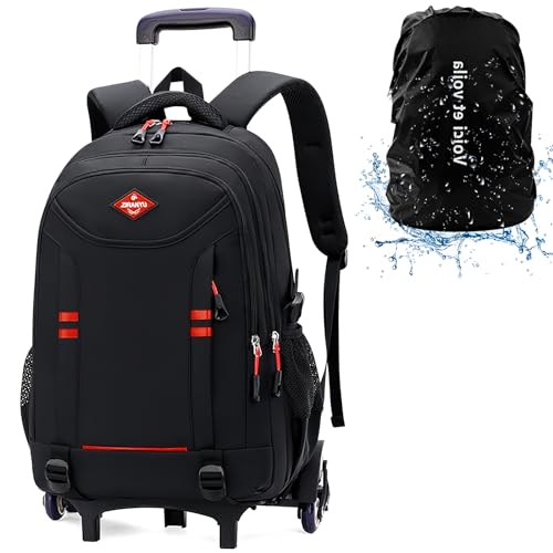 Rucksack mit Rollen Jungen Mädchen Schulrucksack Trolley Kinder Schultasche mit Rollen Schulranzen Trolley Jungen Teens 6 Rollen Schwarz 34x20x48cm von Voici et Voila