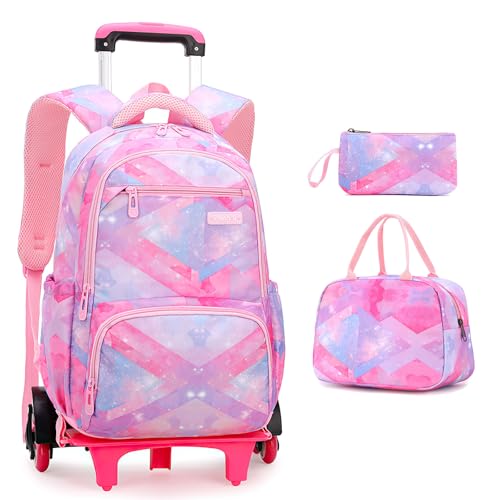 Voici et Voila Rucksack mit Rollen Mädchen Kinder Schule Trolley Tasche Schulrucksack Kinder Schultasche mit Rollen Schulranzen Backpack Teens Grundshule Rosa 31 * 16 * 45cm von Voici et Voila