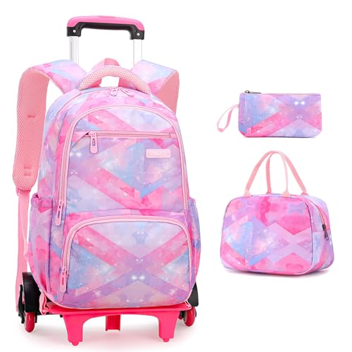 Voici et Voila 3pcs Rucksack mit Rollen Mädchen Trolley Schulrucksack Kinder Schultasche mit Rollen Mädchen Schulranzen Rosa Backpack Teens Grundshule 31x16x45cm von Voici et Voila