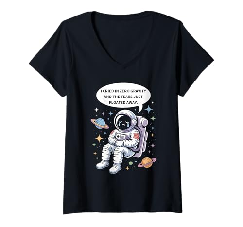 Damen Sad Astronaut – Existentialismus Humor Cosmic Vibes T-Shirt mit V-Ausschnitt Damen Sad Astronaut – Existentialismus Humor Cosmic Vibes T-Shirt mit V-Ausschnitt von Void Approved Apparel | Cosmic Sadness