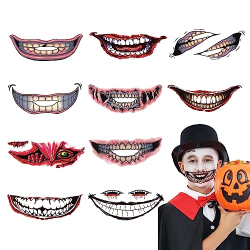 Lippennarben- 10 Stück Clown Horror Mund Fake Aufkleber,Halloween Clown Horror Mund Temporäre Aufkleber Gesicht Aufkleber Streich Requisiten Voihamy von Voihamy