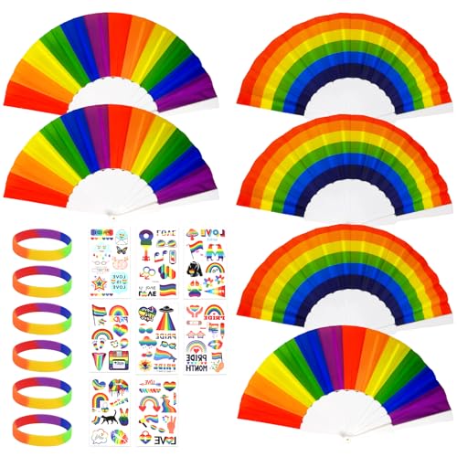 6 x Regenbogen-Fans Pride-Zubehör, 6 x Pride-Armband und 10 x Regenbogen-Tattoos-Aufkleber für Outdoor-Bar, Straßenparade, Pride-Party 6 x Regenbogen-Fans Pride-Zubehör, 6 x Pride-Armband und 10 x Regenbogen-Tattoos-Aufkleber für Outdoor-Bar, Straßenparade, Pride-Party von Vokmon