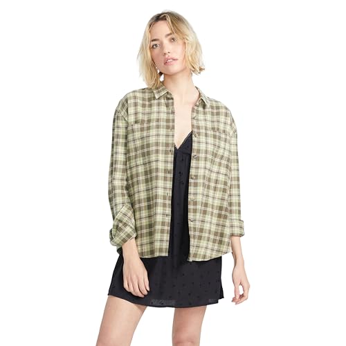 Volcom Damen Plaid to Meet U Langarm-Flanellhemd, Armee, Mittel von Volcom