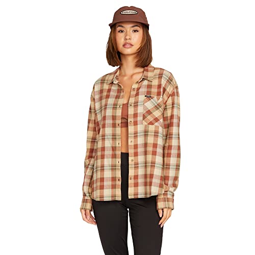 Volcom Damen Plaid to Meet U Langarm-Flanellhemd Hemd mit Button-Down-Kragen, Dunkel lehmfarben, Klein Volcom Damen Plaid to Meet U Langarm-Flanellhemd Hemd mit Button-Down-Kragen, Dunkel lehmfarben, Klein von Volcom
