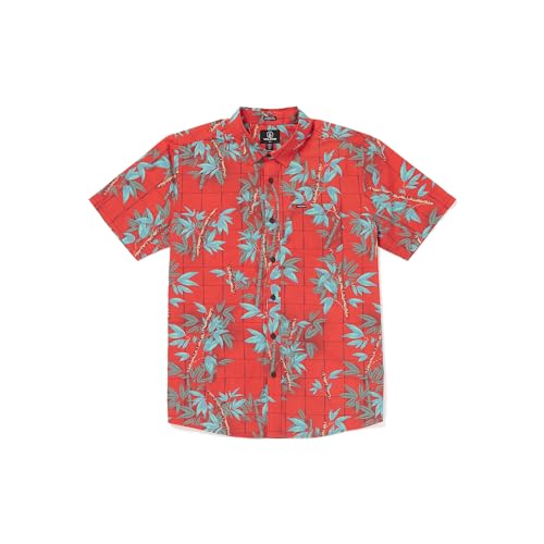 Volcom Herren-Hawaiihemd mit Marmor-Blumenmuster, kurzärmelig, Knopfleiste, Bamboozeled Flash Red, Klein von Volcom