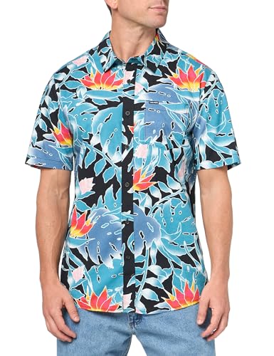 Volcom Herren Regular Marble Floral Short Sleeve Button Down Hawaiian Shirt Hemd, Schwarzes Blatt, L von Volcom